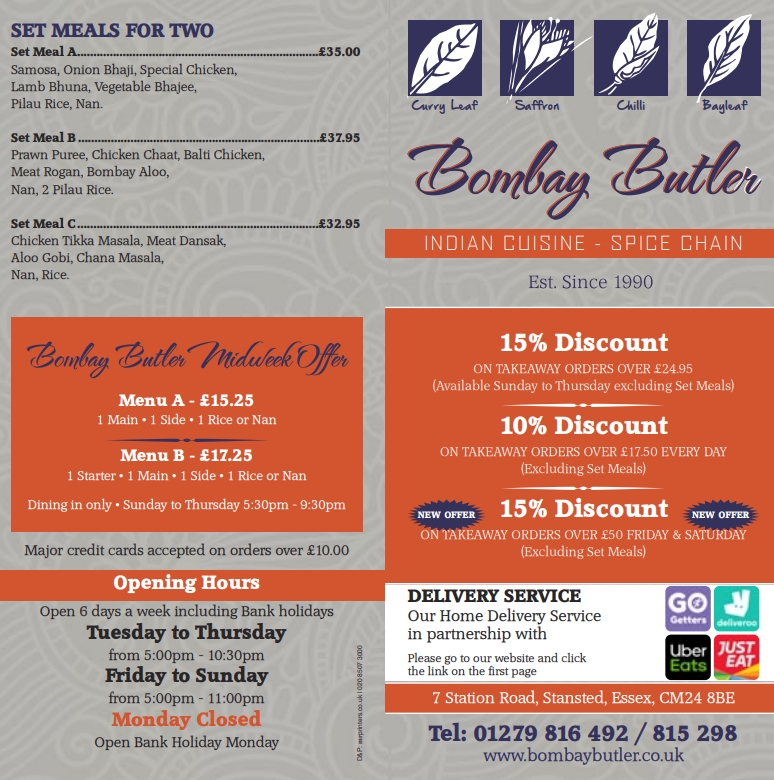 Bombay Butler Downloadable Takeaway Menu Image Link